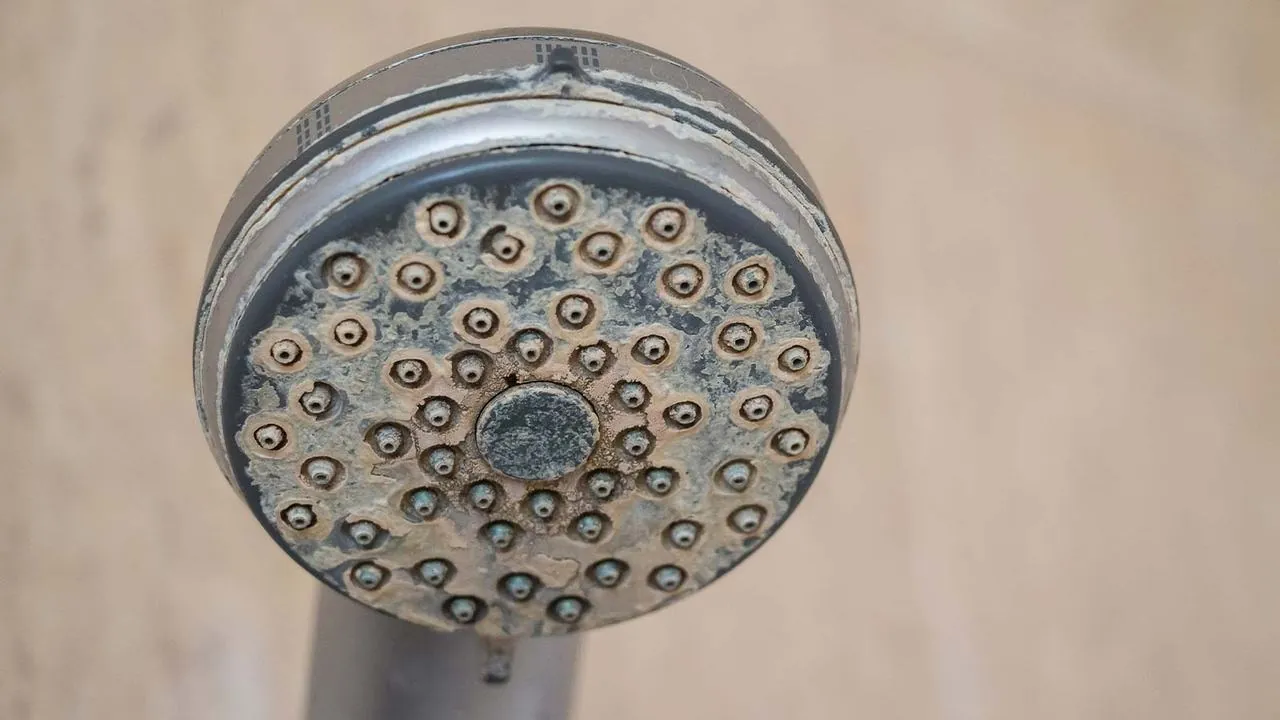Shower head clogged with hard water scale