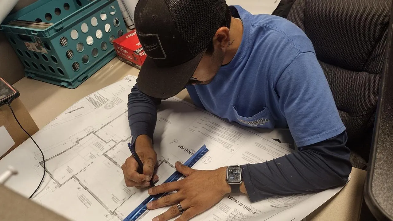 Plumber marking up a set of plumbing plans