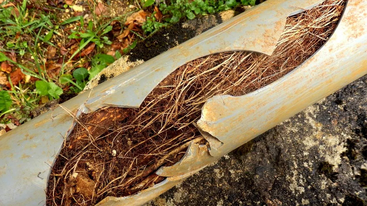 Tree roots filling a broken sewer pipe