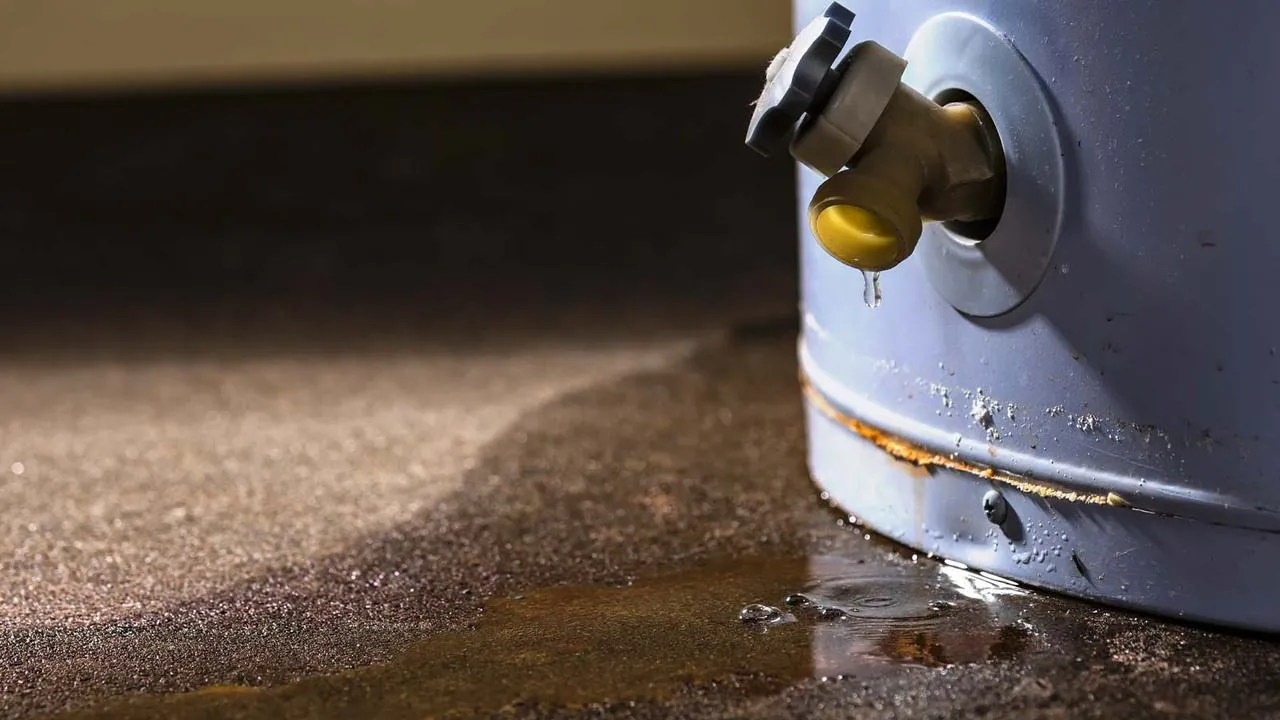 Water pooling at the base of a leaking water heater tank