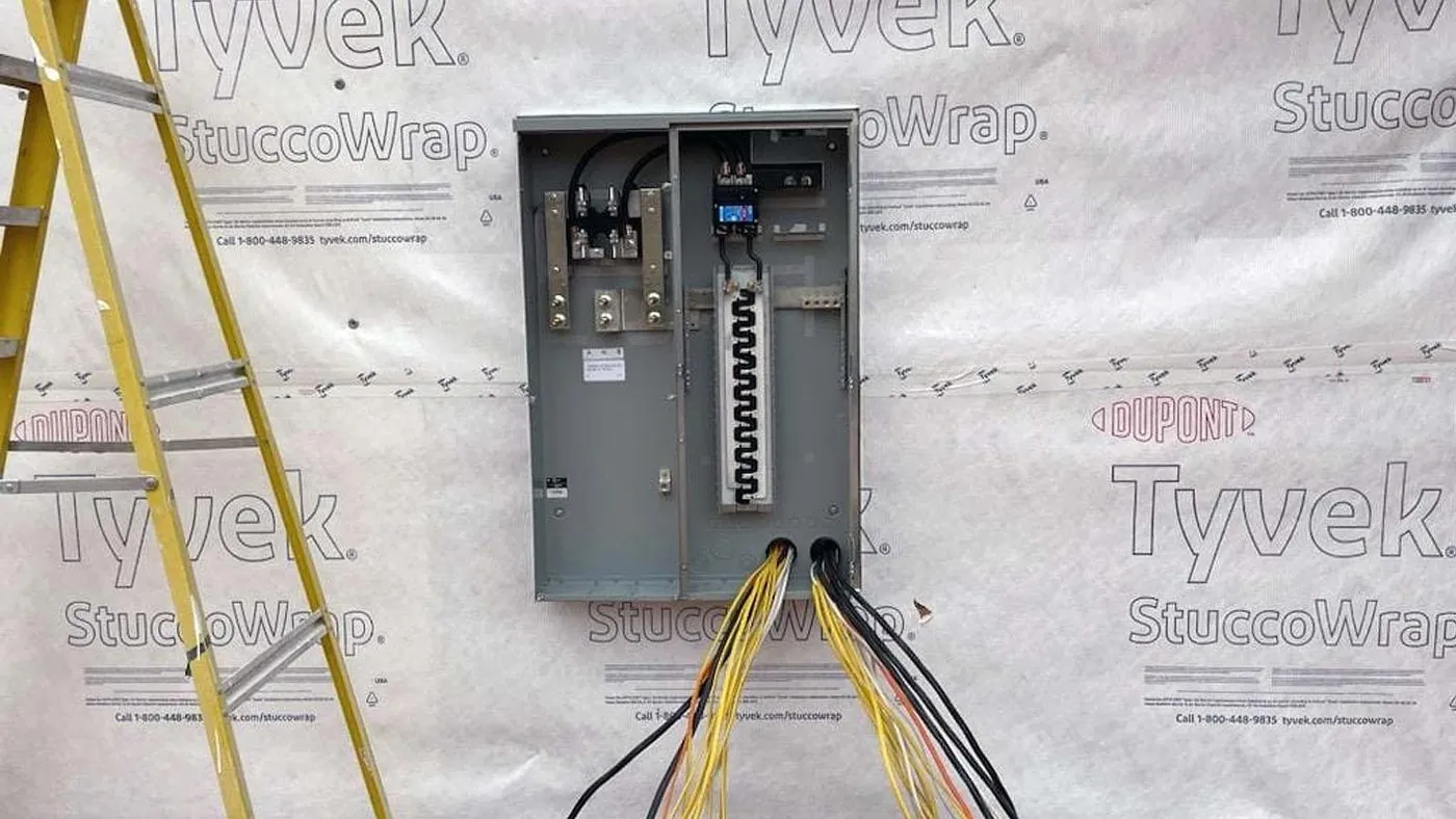 New electrical panel mounted on a house under construction