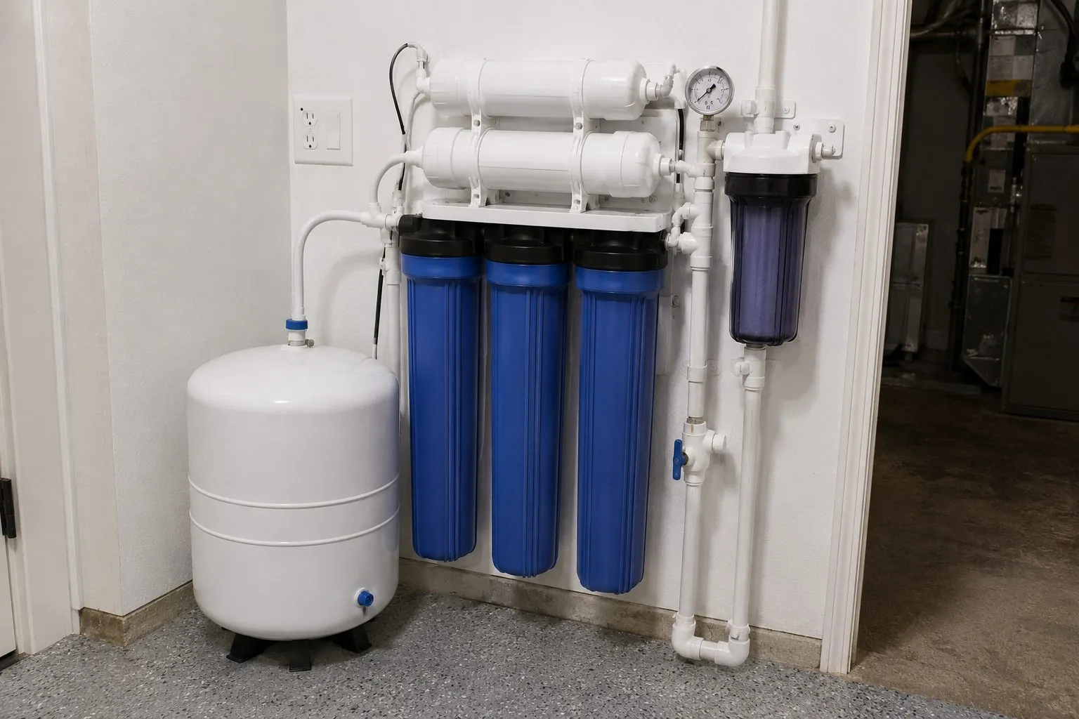 Reverse osmosis water filtration system with storage tank