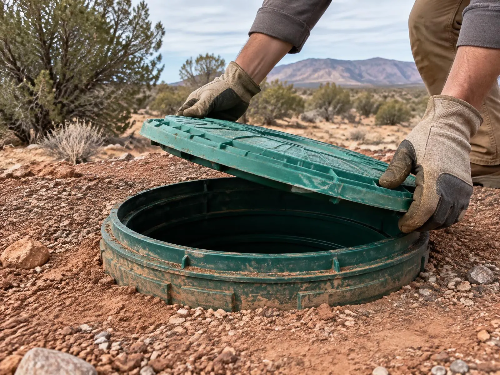 Gloved hands checking a septic riser lid