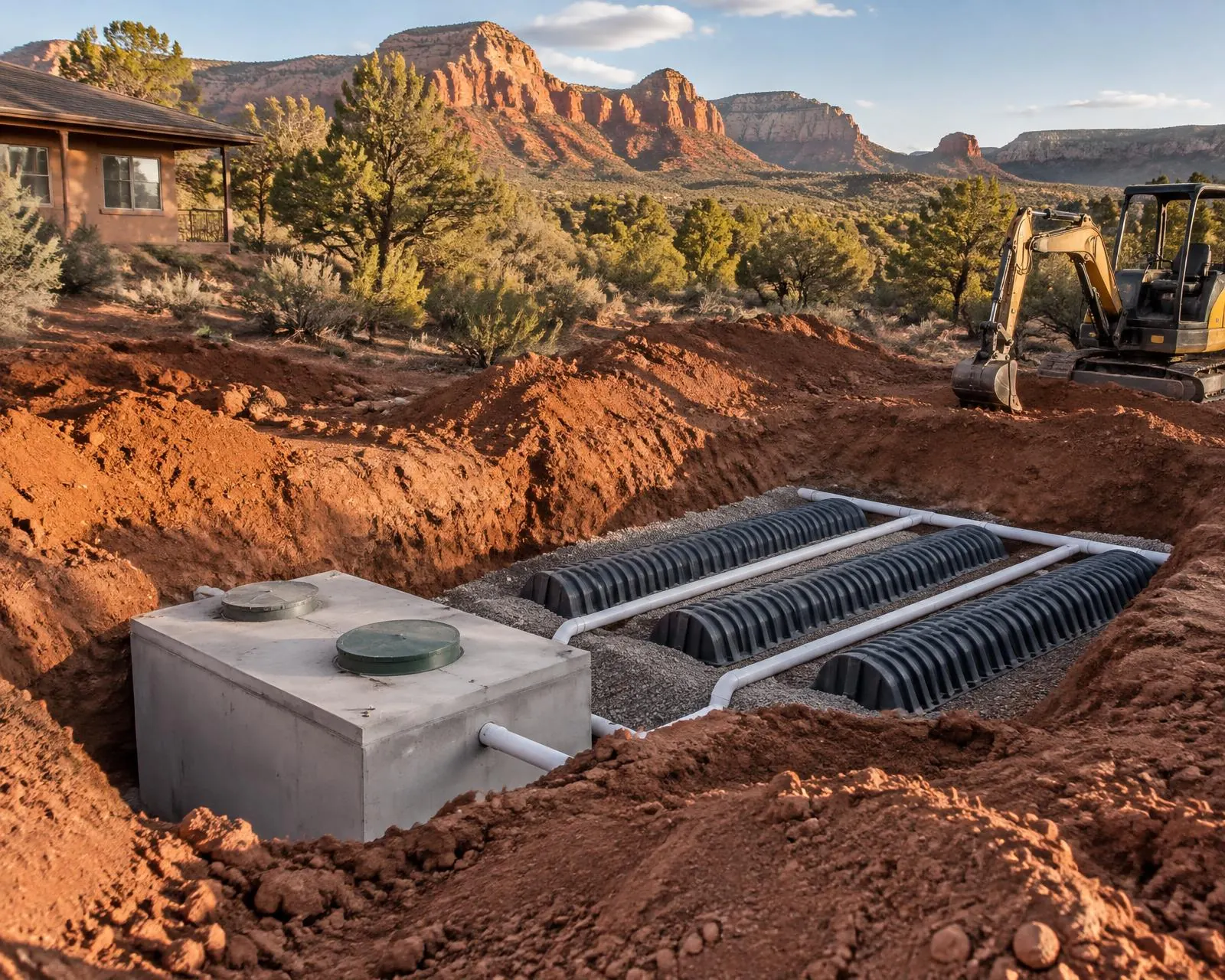 New septic tank and leach field being installed on a rural Verde Valley lot