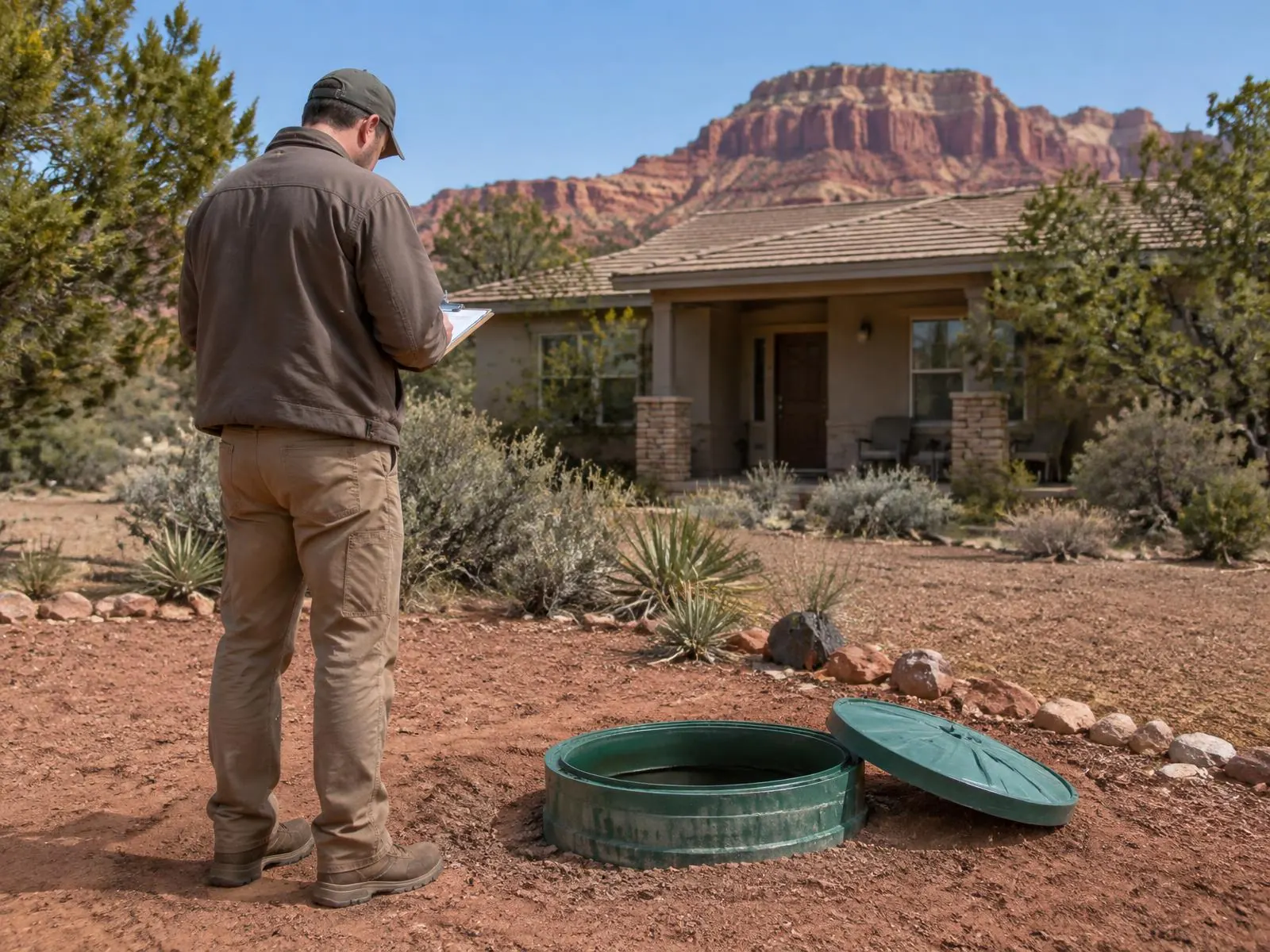 Septic inspection at an open riser beside a ranch home
