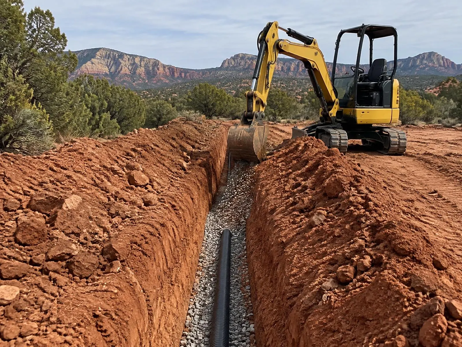 Excavator digging a leach field trench in red Arizona soil
